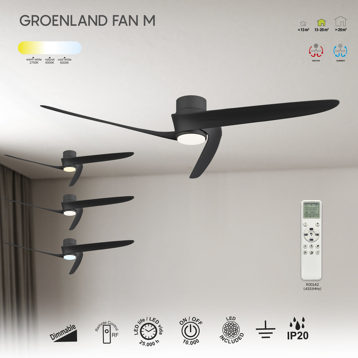 Plafonnier ventilateur GROENLAND Mantra noir 8709