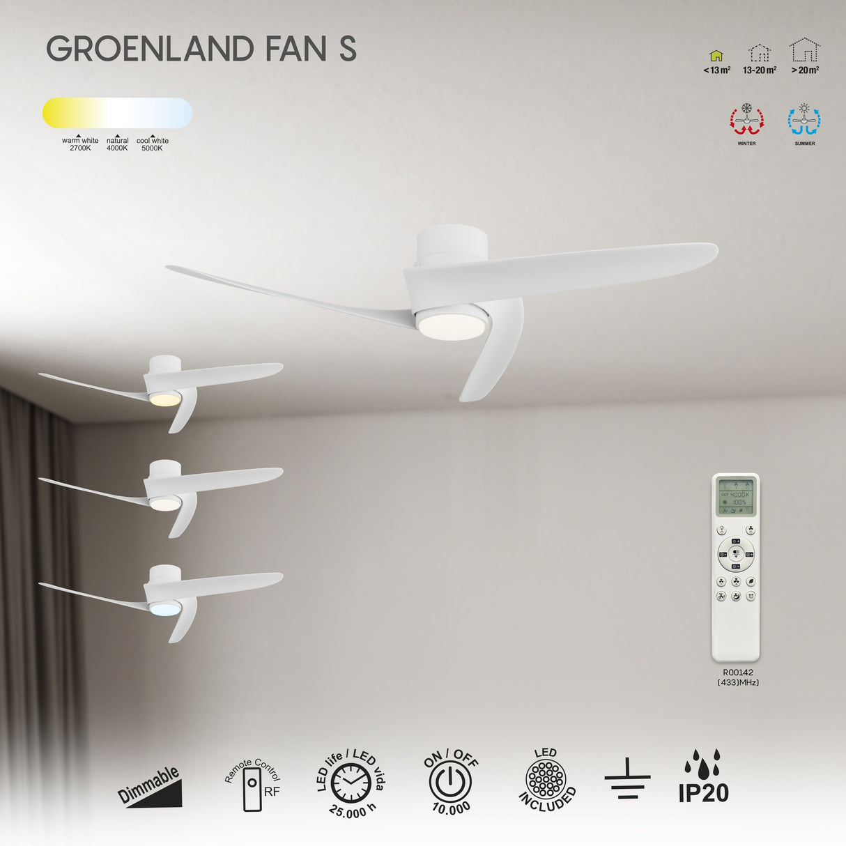 Plafonnier ventilateur GROENLAND S blanc Mantra 9066