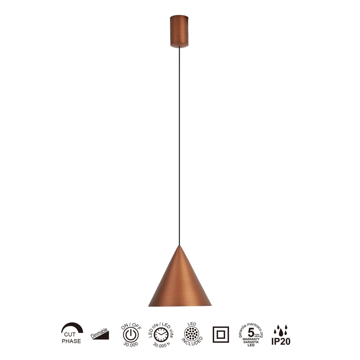 Suspension CONO cuivre 1 lumière 18cm 10 watts dimmable Mantra 9450