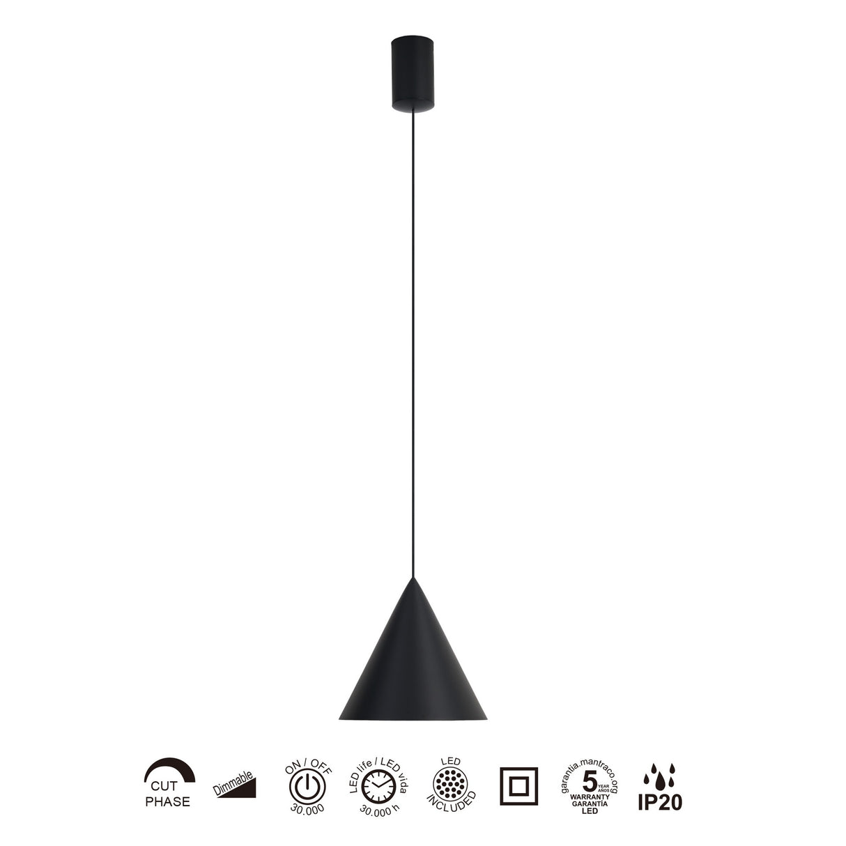 Suspension CONO noire 1 lumière 18 cm 10 watts dimmable Mantra 9451