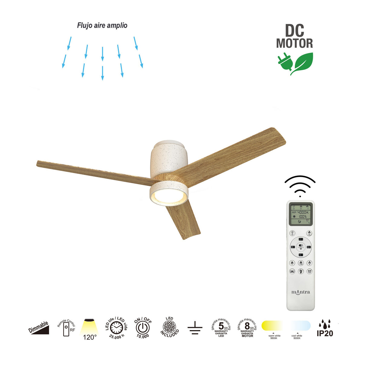 Plafonnier ventilateur CERAMICA blanc et bois Mantra 9479