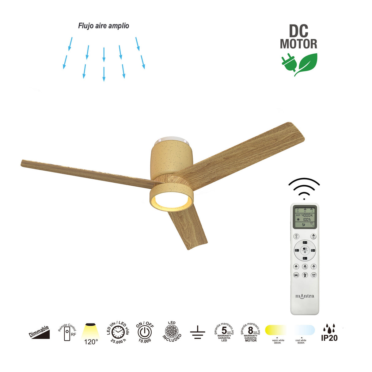 Plafonnier ventilateur CERAMICA beige et bois Mantra 9480