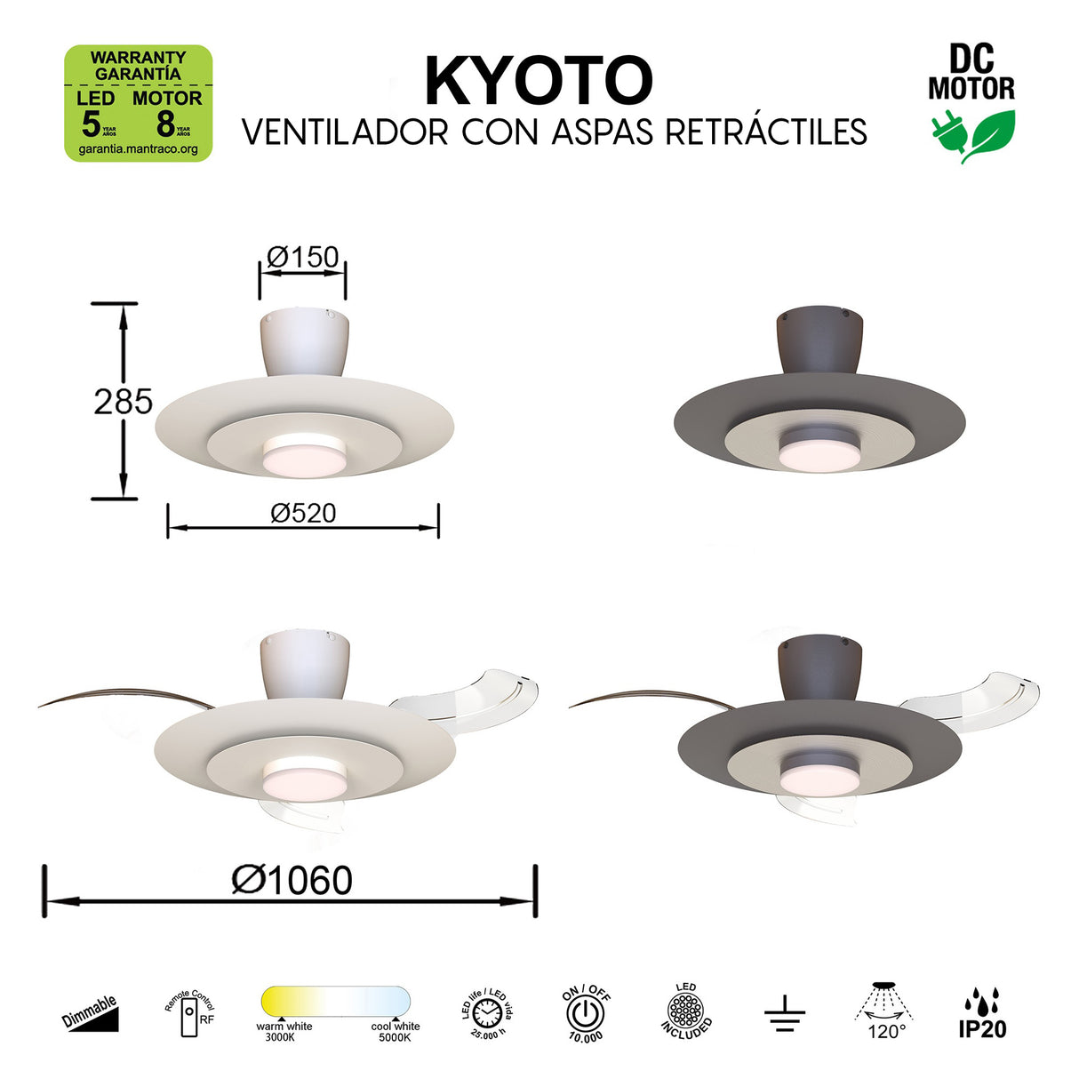Plafonnier ventilateur KYOTO café/ nickel brossé Mantra 9517
