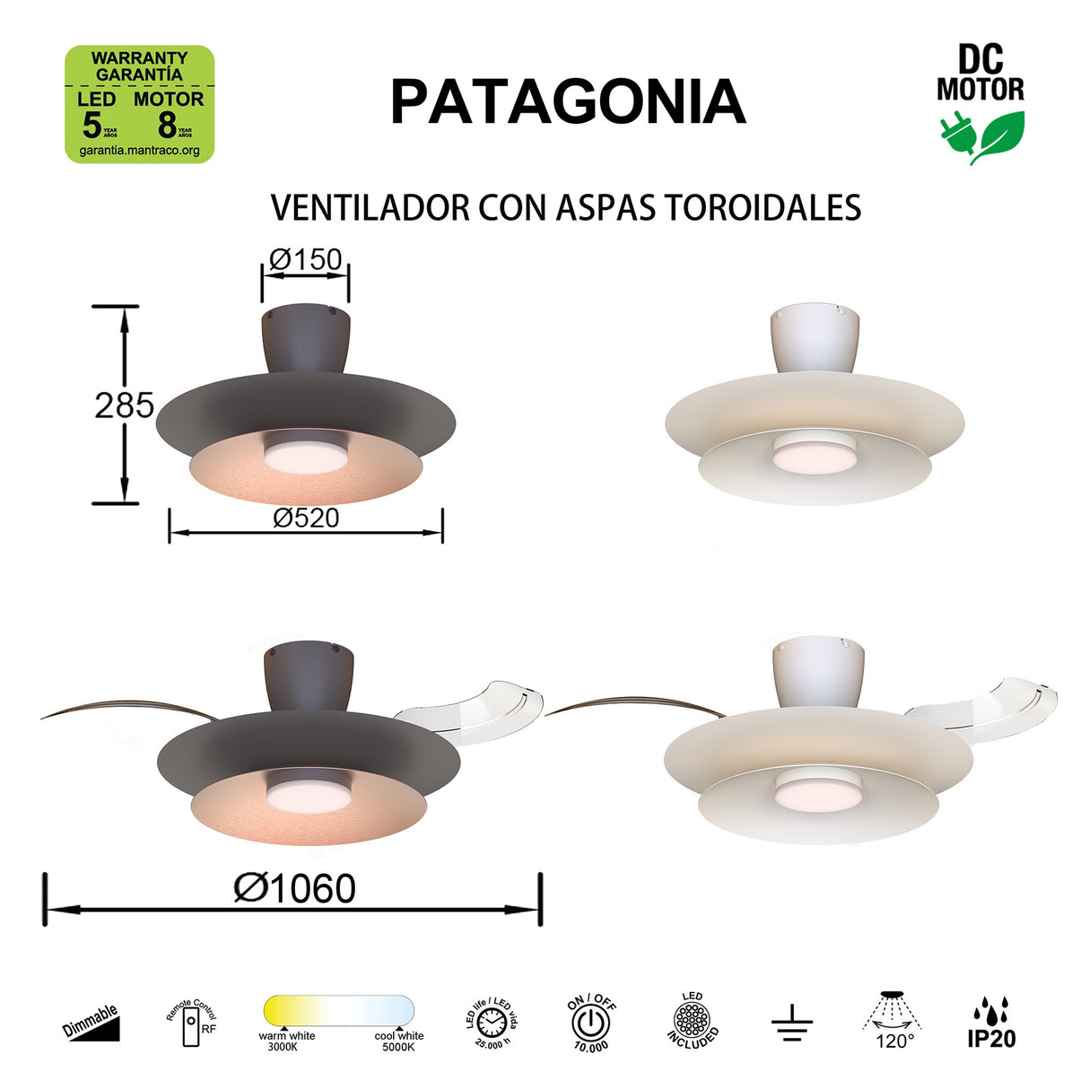 Plafonnier ventilateur PATAGONIA blanc Mantra 9521