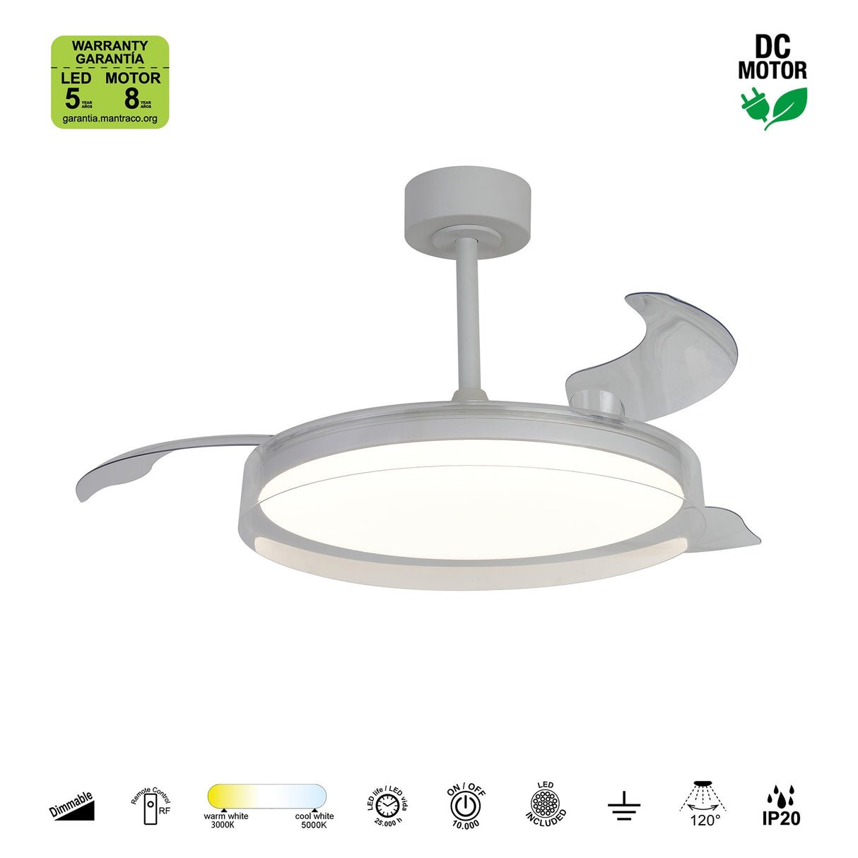 Plafonnier ventilateur GLASS FAN blanc Mantra 9525