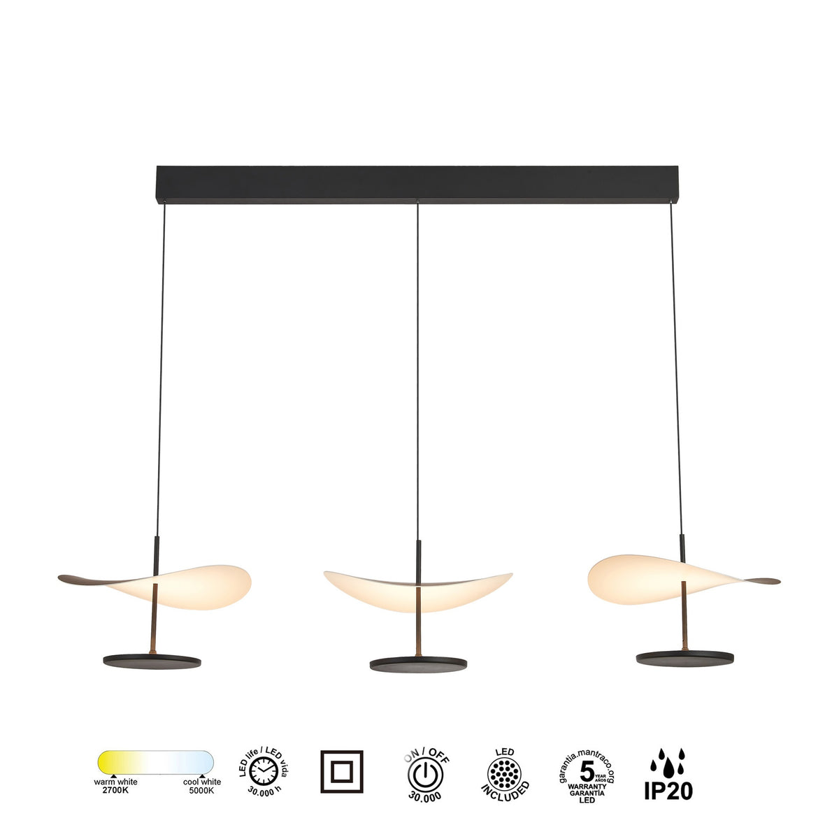 Suspension ABISAL noyer CCT 3 Lumières led 32 watts Mantra 9826