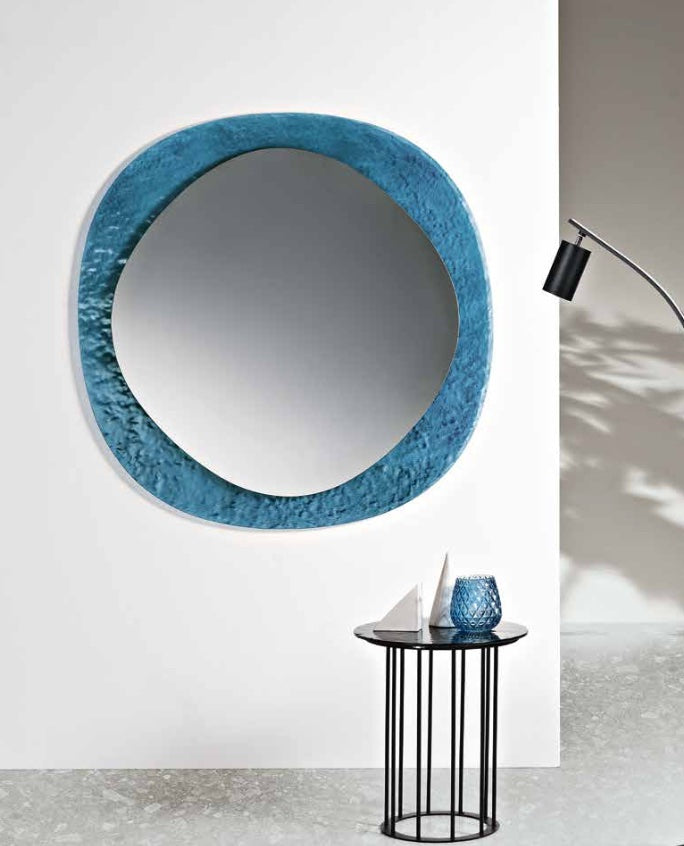 Miroir Curve verre martelé bleu diamètre 120