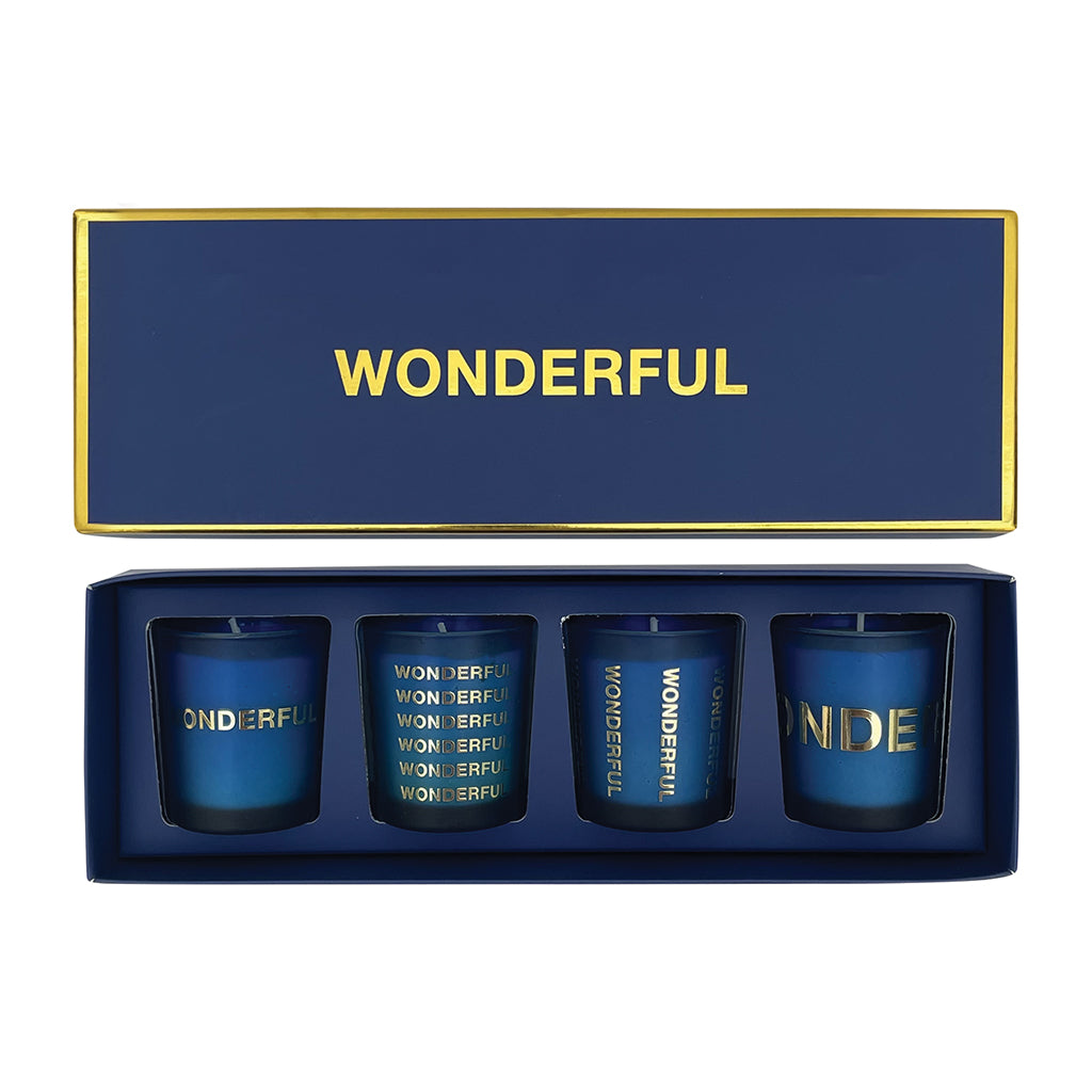 Coffret bleu "WONDERFUL" 4 mini pot fleurs oranger bougies 017708