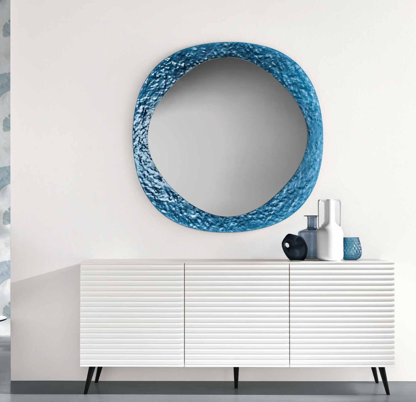 Miroir Curve verre martelé bleu diamètre 120