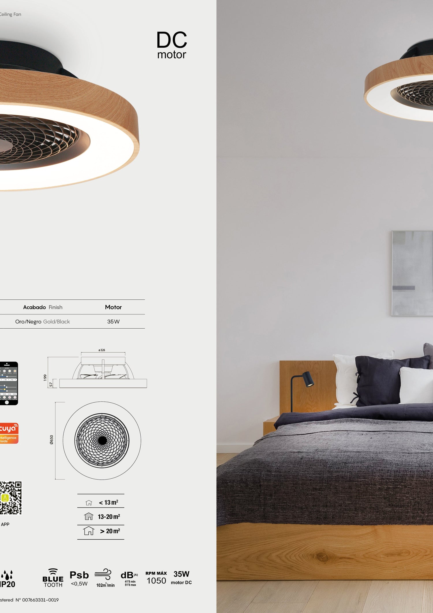 Plafonnier ventilateur Tibet noir et bois Mantra 7127