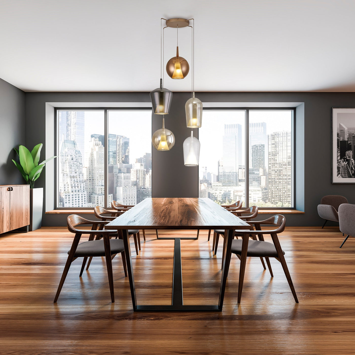 Suspension Elsa 5 lumières double verre, transparent, gris fumé, bronze, cuivre, or Mantra 8259