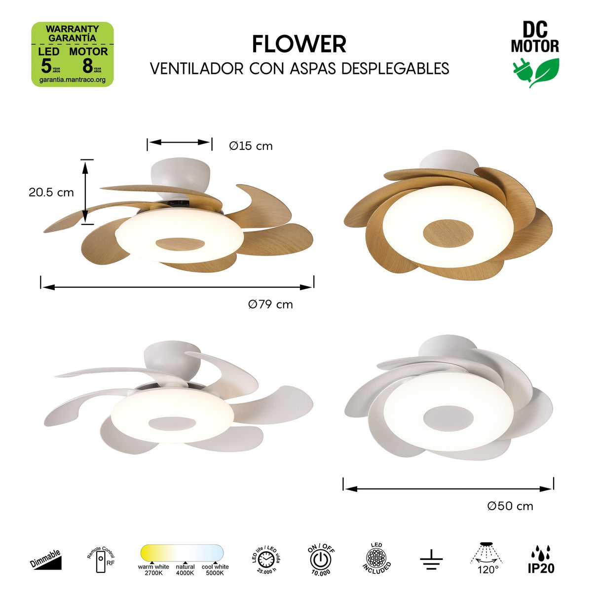 Plafonnier ventilateur FLOWER blanc Mantra 8703