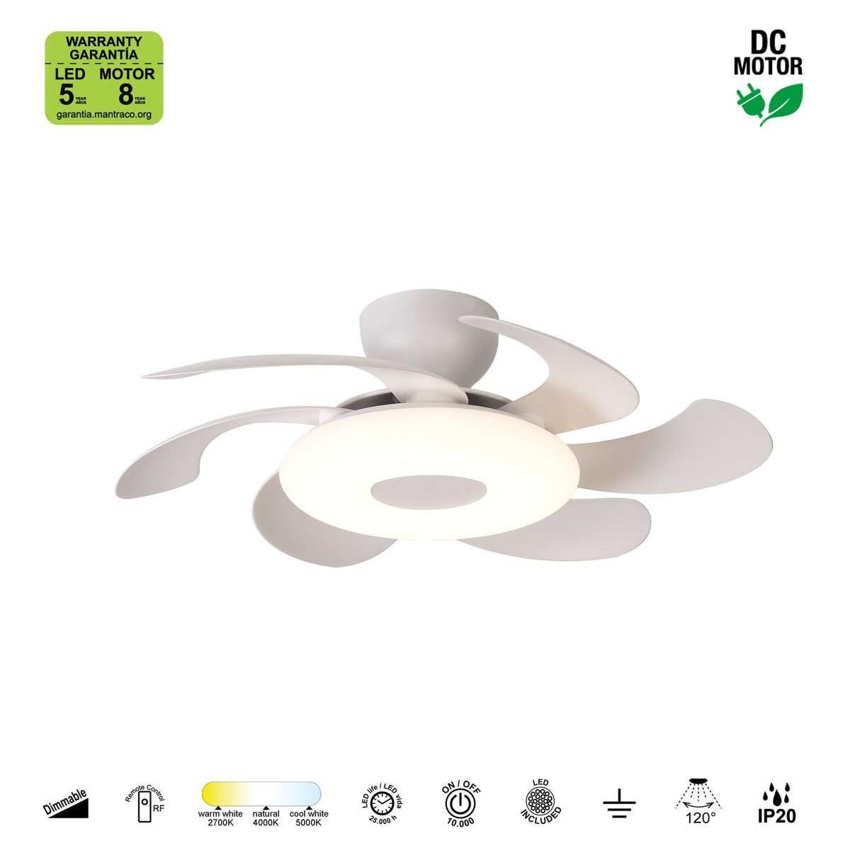 Plafonnier ventilateur FLOWER blanc Mantra 8703