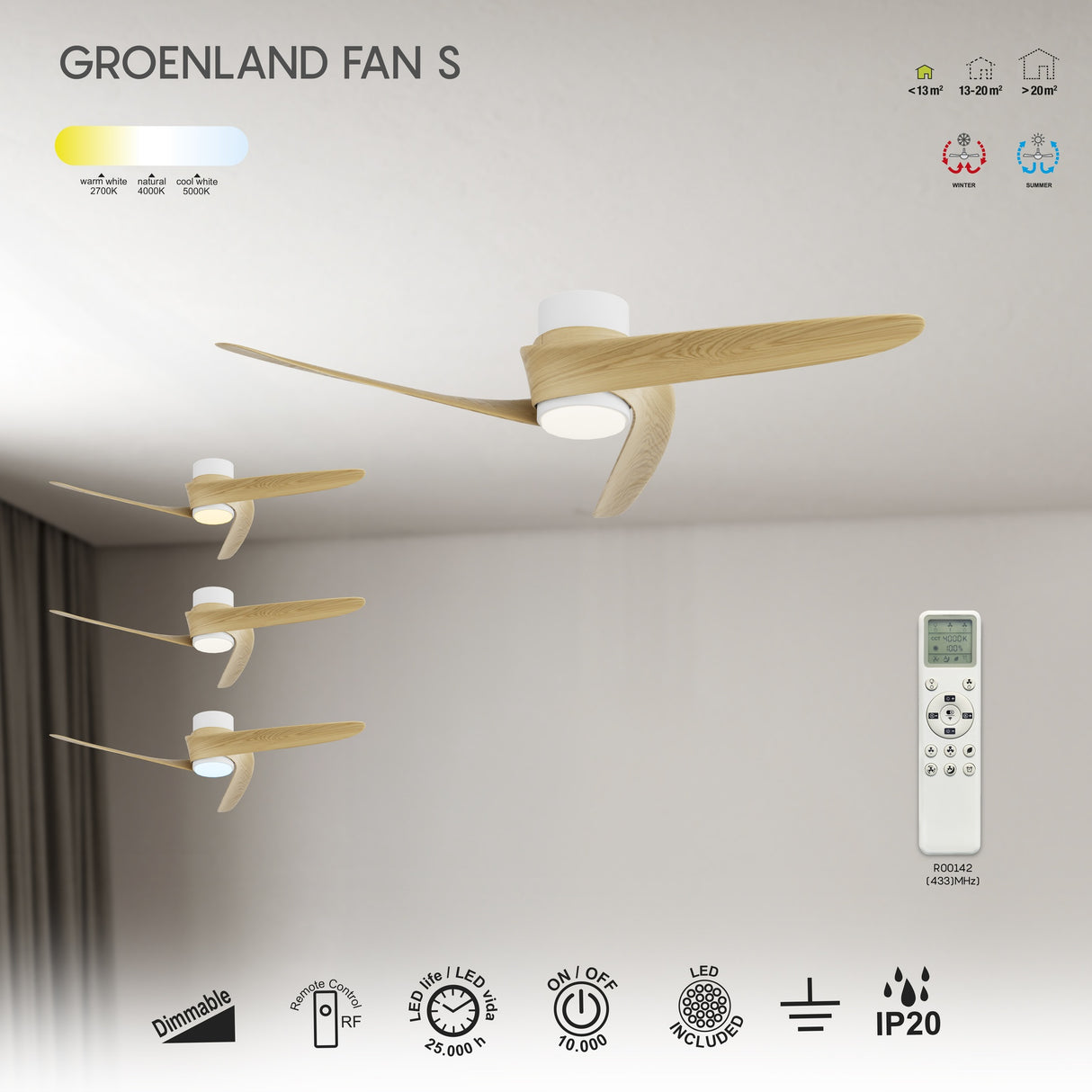 Plafonnier ventilateur GROENLAND aspect bois Mantra 9067