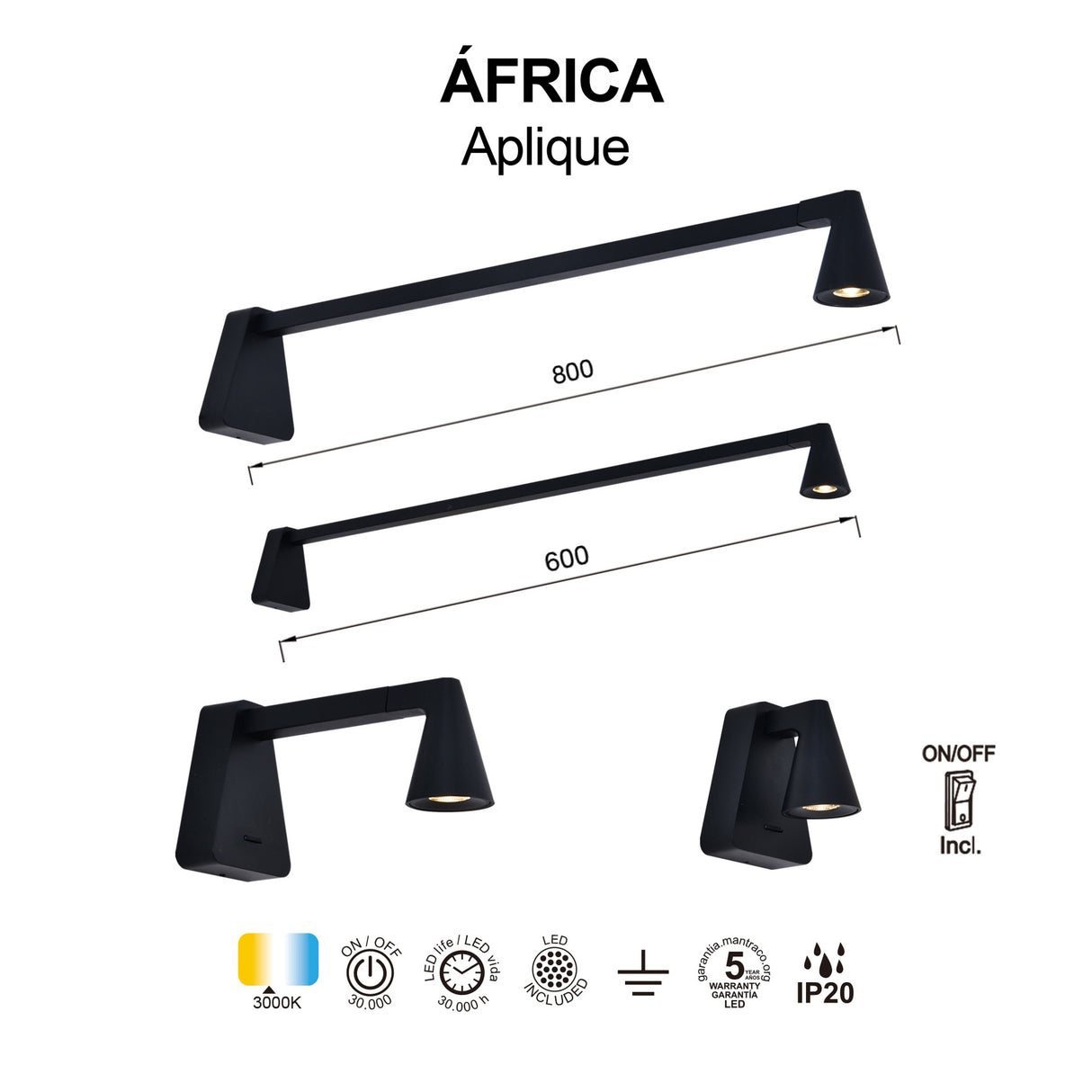 Applique AFRICA noir avec interrupteur  led 5 watts Mantra 9411