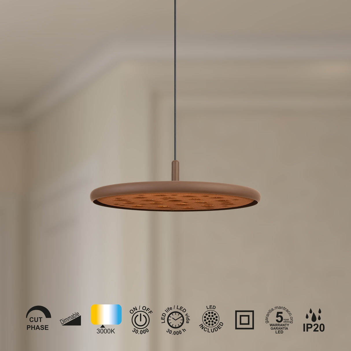 Suspension ACUSTIC doré mat/marron led 20 watts Mantra 9441