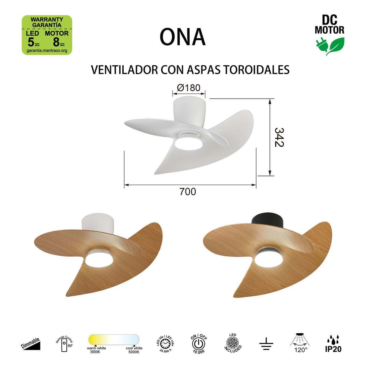 Plafonnier ventilateur ONA blanc et bois Mantra 9470