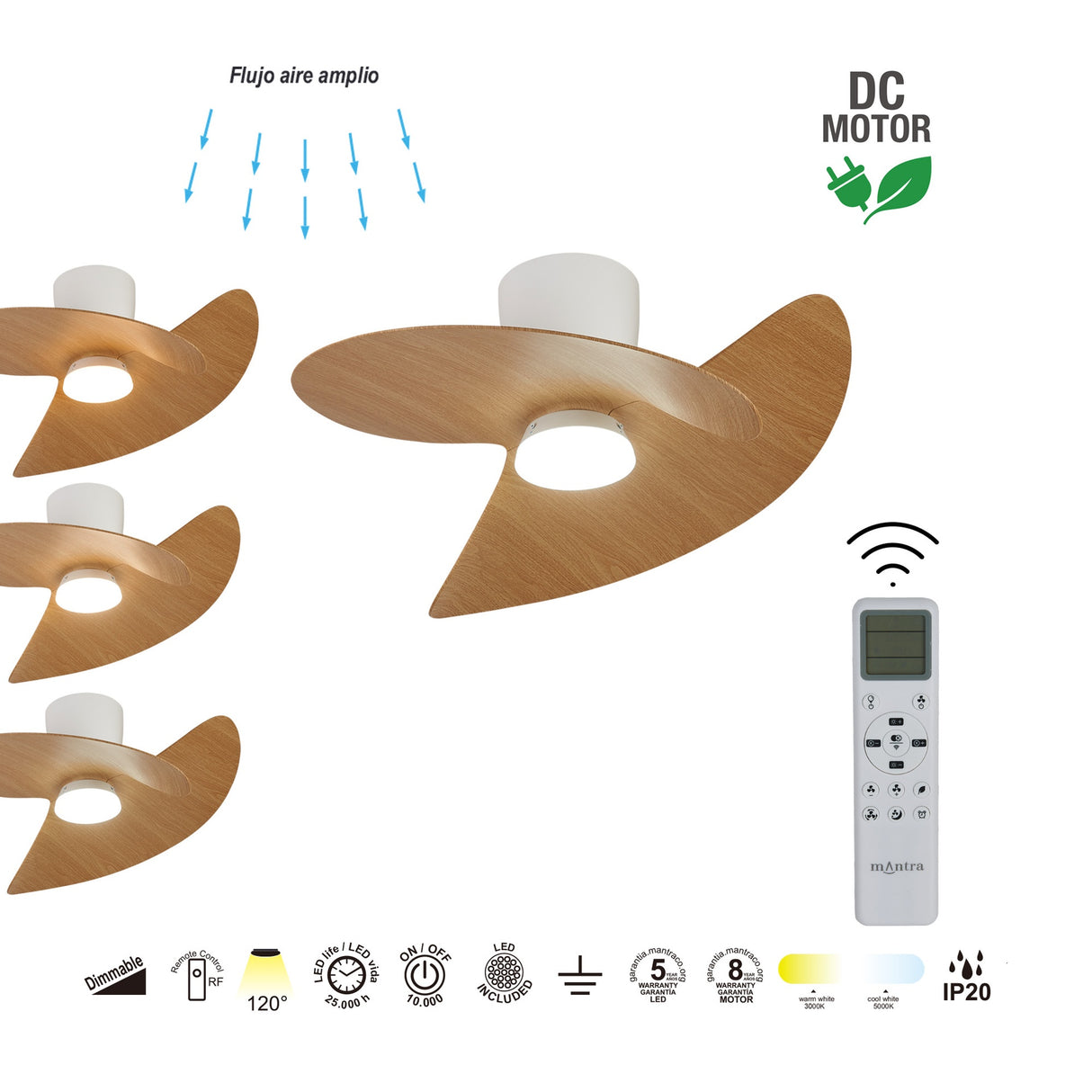 Plafonnier ventilateur ONA blanc et bois Mantra 9470