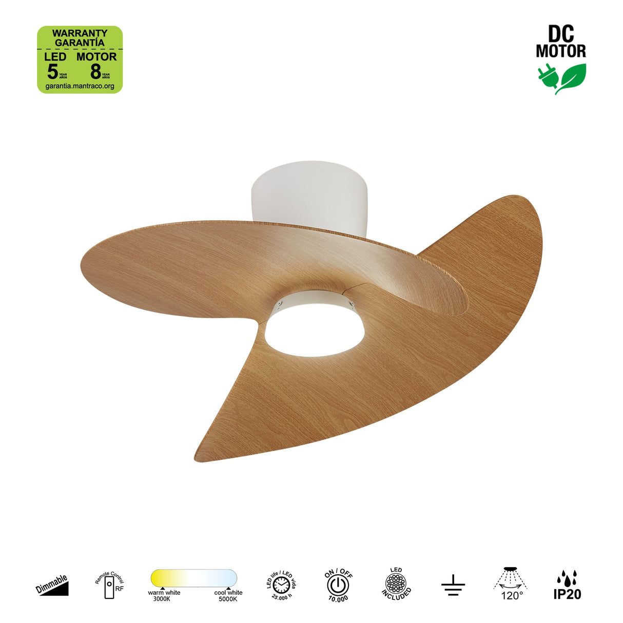 Plafonnier ventilateur ONA blanc et bois Mantra 9470