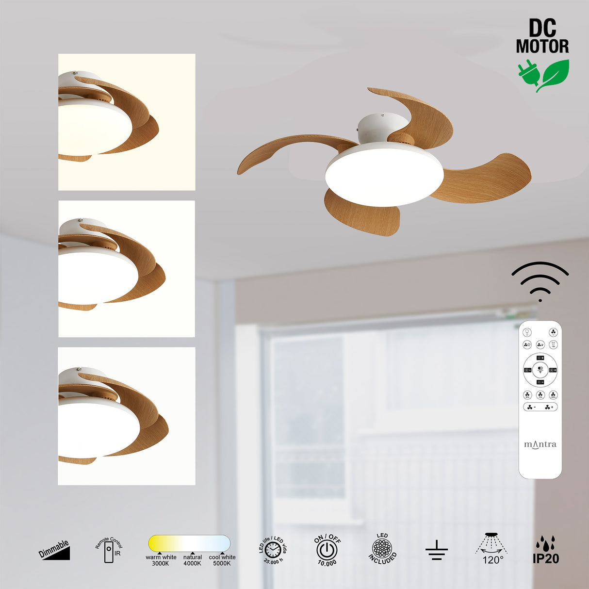 Plafonnier ventilateur ALOHA II blanc/bois Mantra 9515
