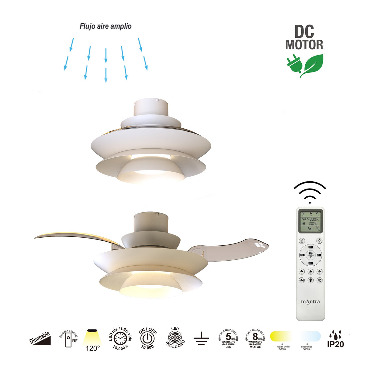 Plafonnier ventilateur ACONCAGUA blanc Mantra 9522
