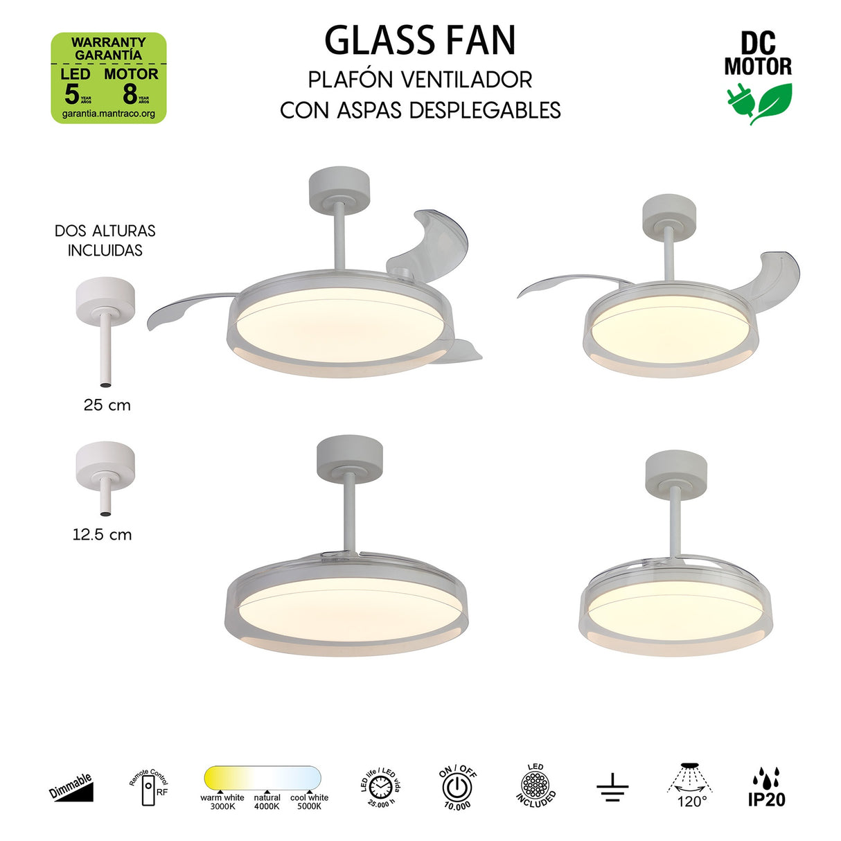 Plafonnier ventilateur GLASS FAN blanc Mantra 9525