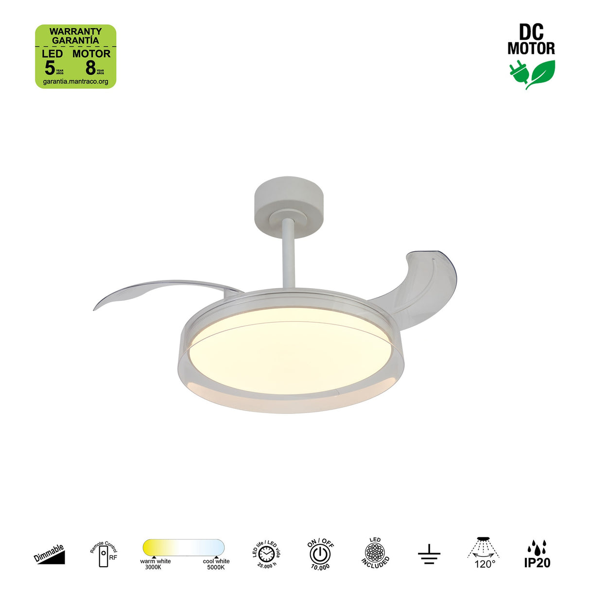 Plafonnier ventilateur GLASS FAN blanc Mantra 9527