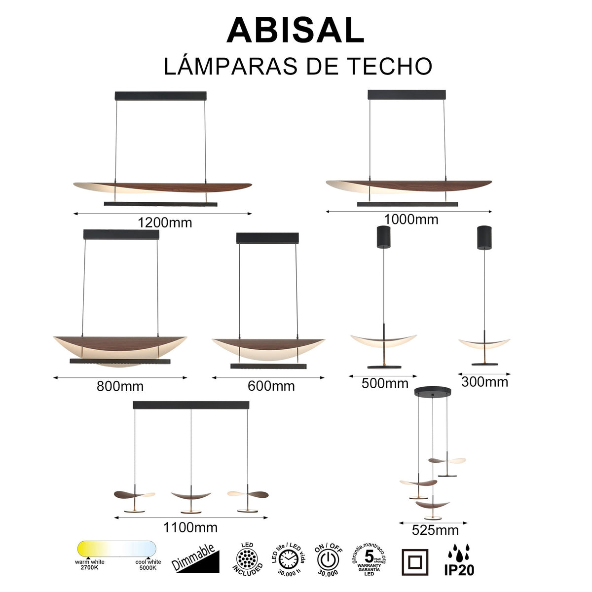 Suspension ABISAL PM noyer CCT led 40 watts Mantra 9823