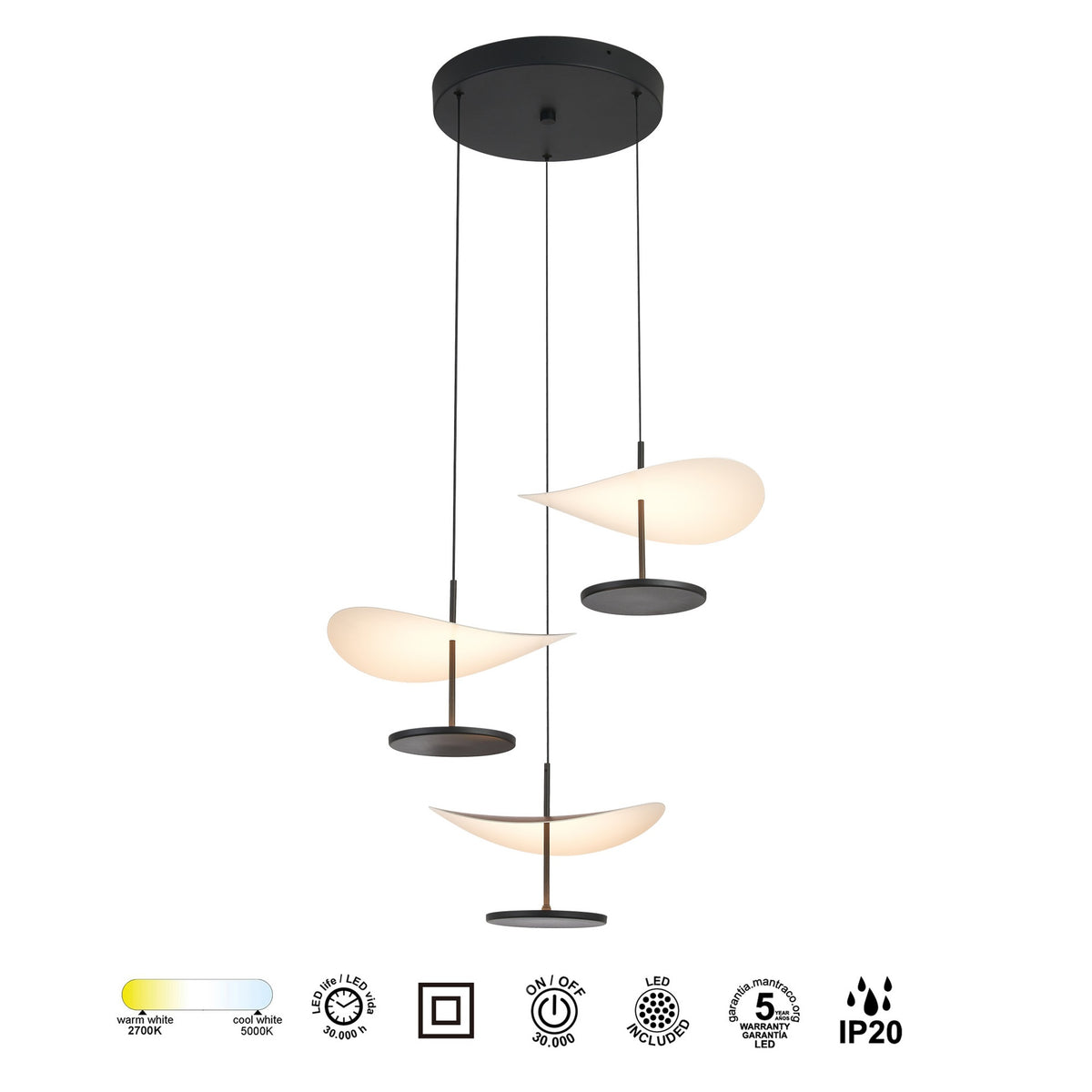 Suspension ABISAL noyer CCT 3 Lumières led 32 watts Mantra 9827