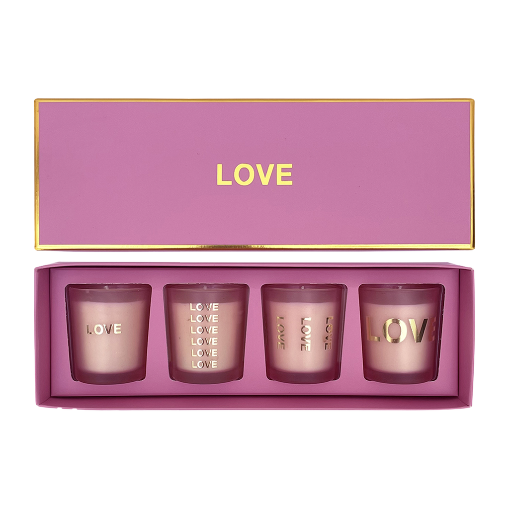 Coffret rose "LOVE" 4 mini pots parfum baies bougies 017709