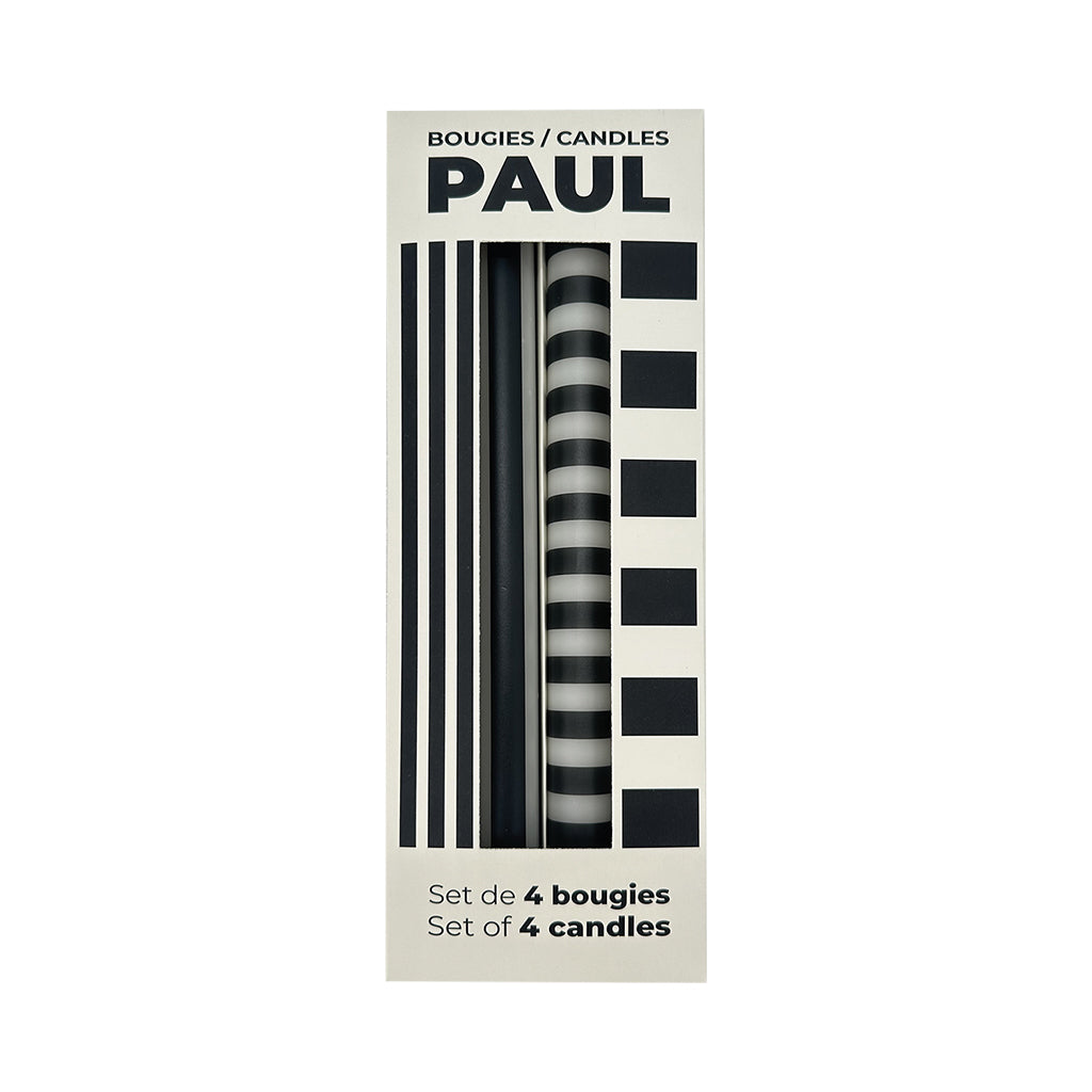 Set de 4 bougies longue rainuré blanc et noir "PAUL NOIR" 017442