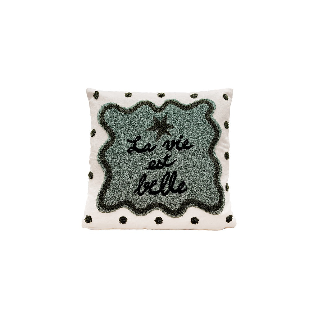 Coussin influence "LA VIE EST BELLE" bleu 40 cm x40 cm 018043