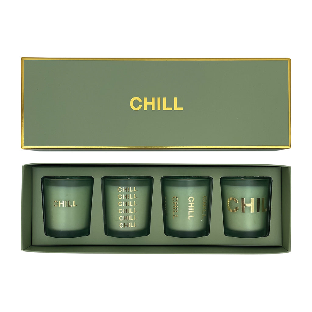 Coffret vert "CHILL" 4 mini pots parfum amande bougies 017711