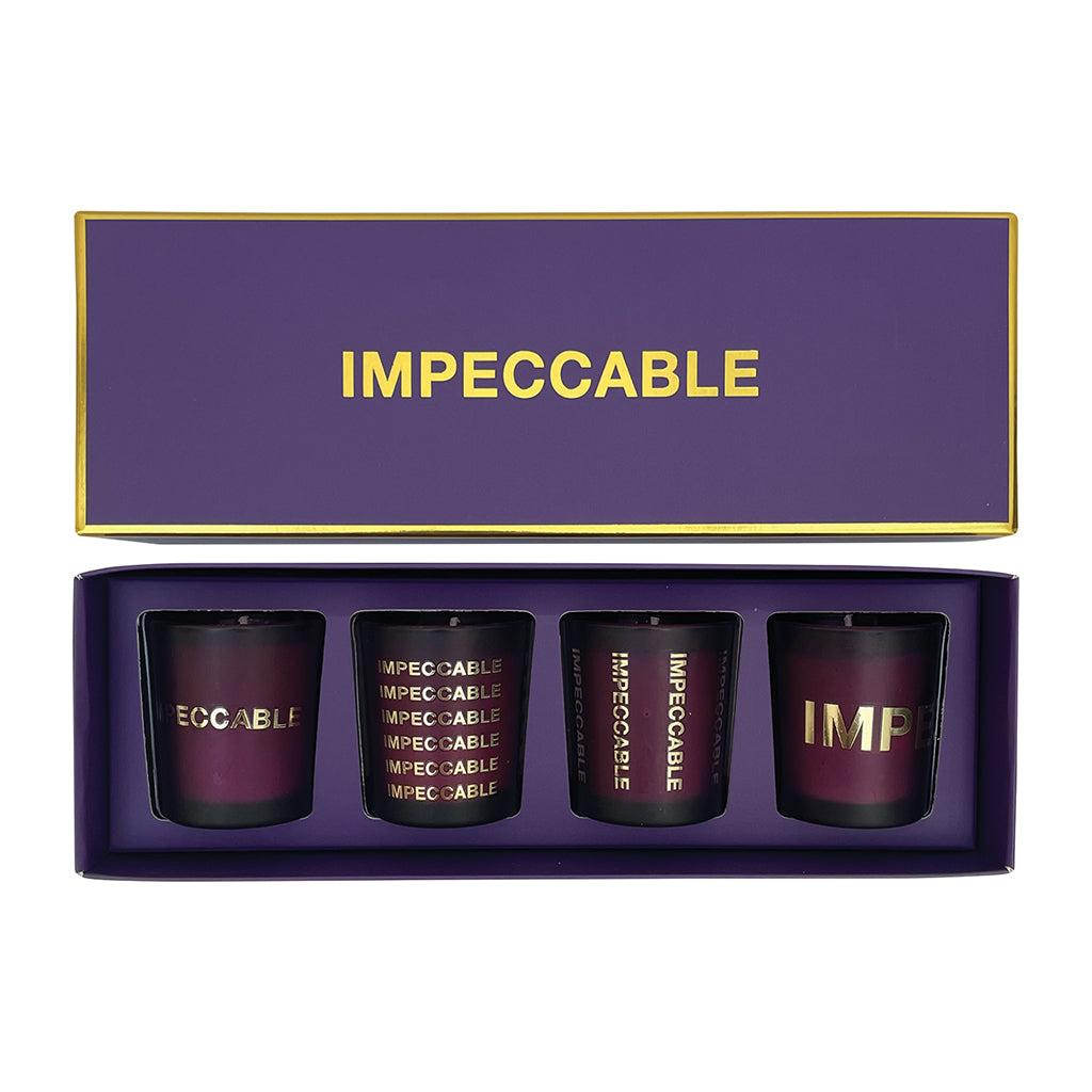 Coffret violet "IMPECCABLE" 4 mini pots parfum orchidée bougies 017710