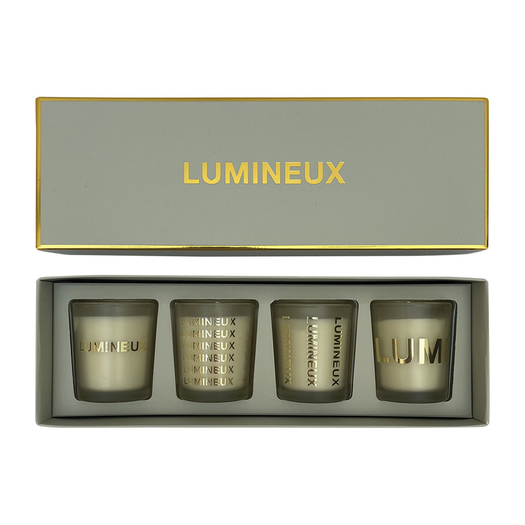 Coffret gris "LUMINEUX" 4 mini pots parfum jasmin bougies 017712