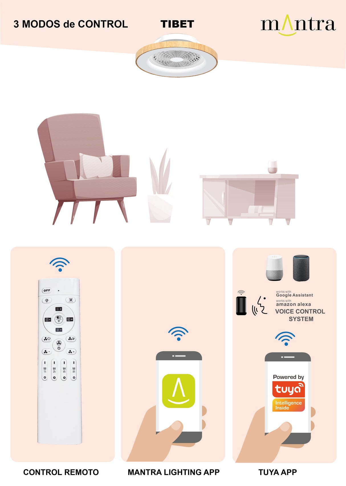 Plafonnier ventilateur Tibet blanc et bois Mantra 7126